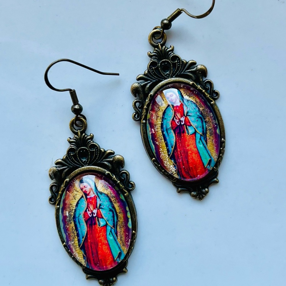 Our Lady of Guadalupe Dangle Earrings Vintage Style Brass Setting